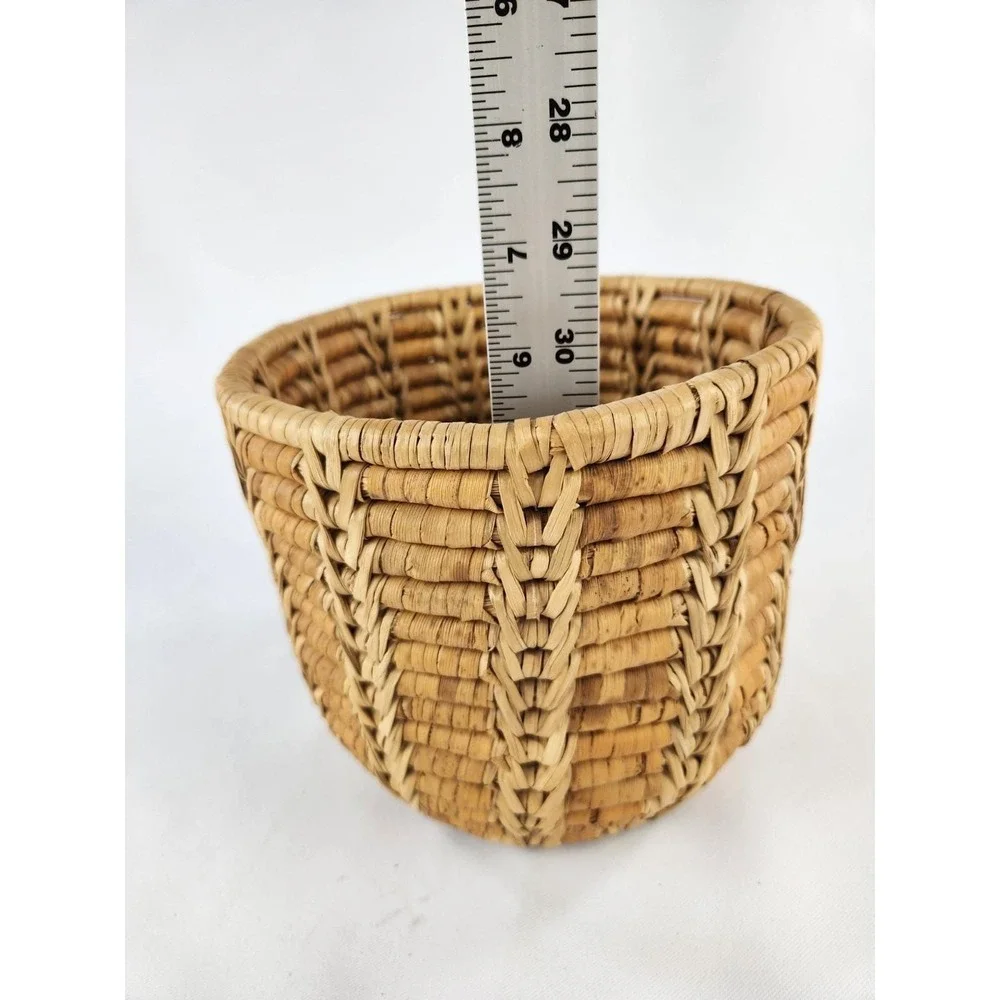Vintage Primitive Coil Basket Grass Hand Woven Brown Tan Planter Pot Decor Thick
